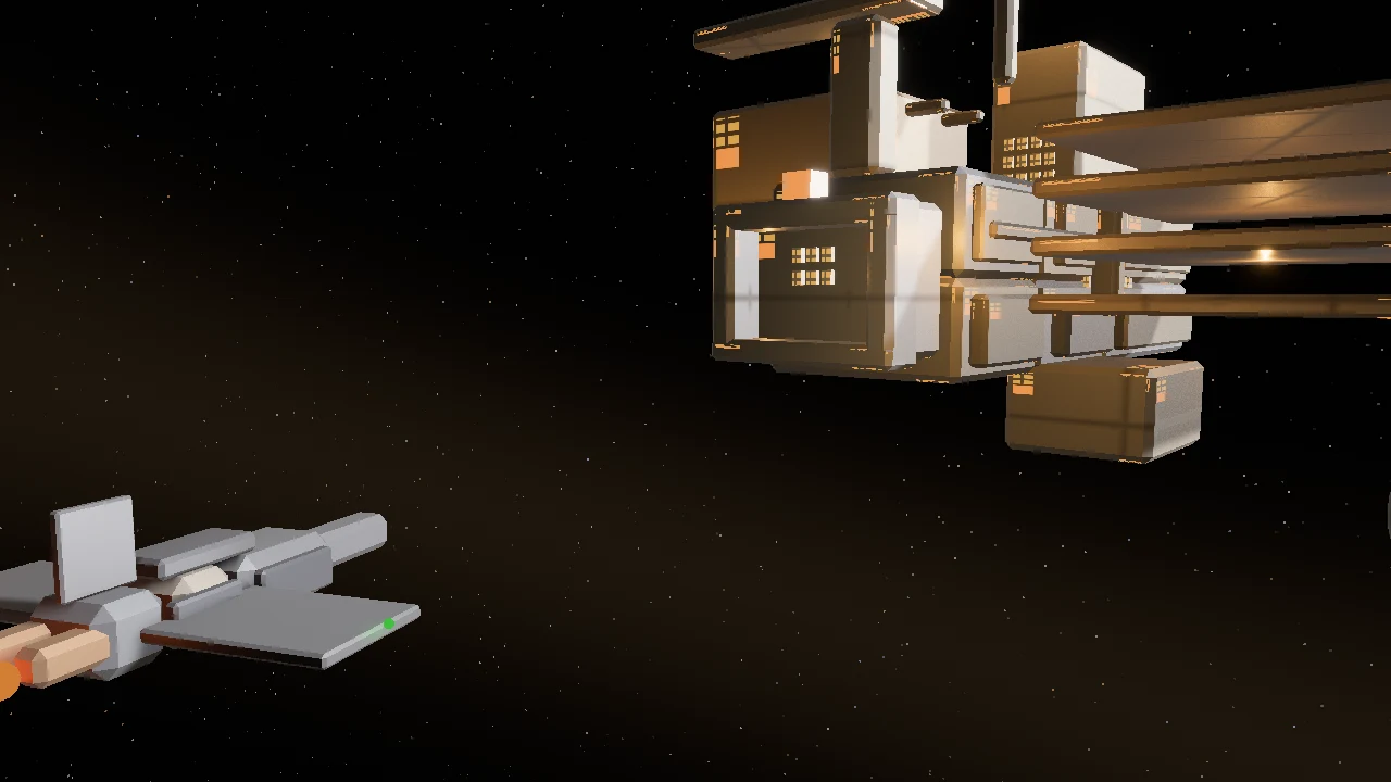 An early blocky spacecraft approaches the first version of Foundry Port, with simple gold and white station geometry.