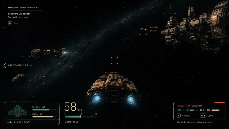 Concept art for Spacelancer field instruments shows a tug escorting an ore tender near a station, with navigation, target and ship-status panels.