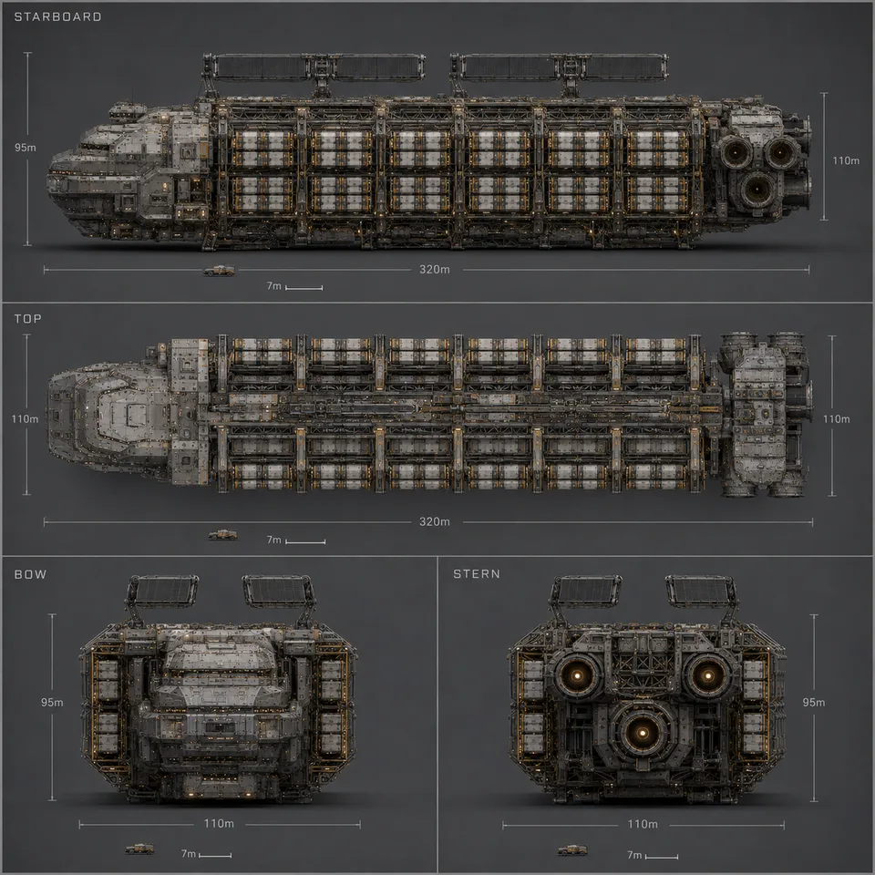 A labeled production-view board for the Foundry Longspan Hauler shows starboard, top, bow and stern views with dimensions.