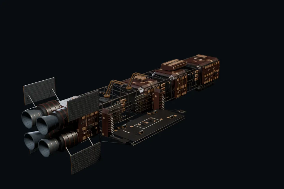 A dark studio render of the authored Open Hand keelwright vessel, with four engine bells, solar panels and an open service deck.
