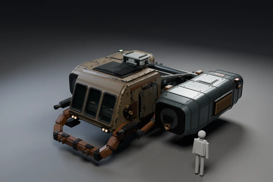 A weathered, cream-and-charcoal utility spacecraft with twin engines and a forward cargo frame.