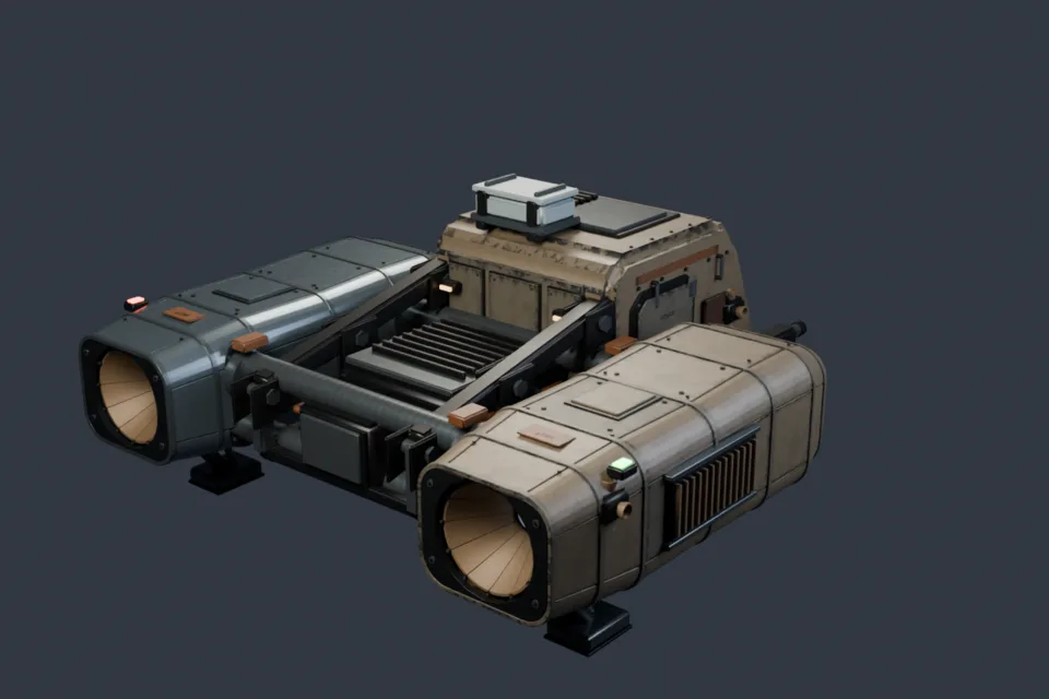 A studio rear-quarter render of the updated Foundry Yard Tug, showing weathered cream panels, twin engines, service lights and its open cargo frame.